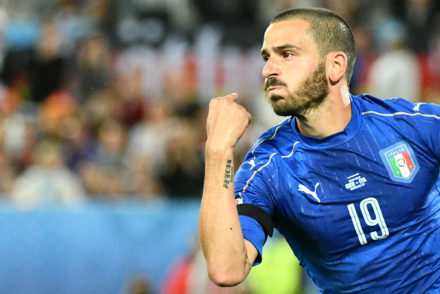 Italy's defender Leonardo Bonucci celebrates scoring a penalty shot