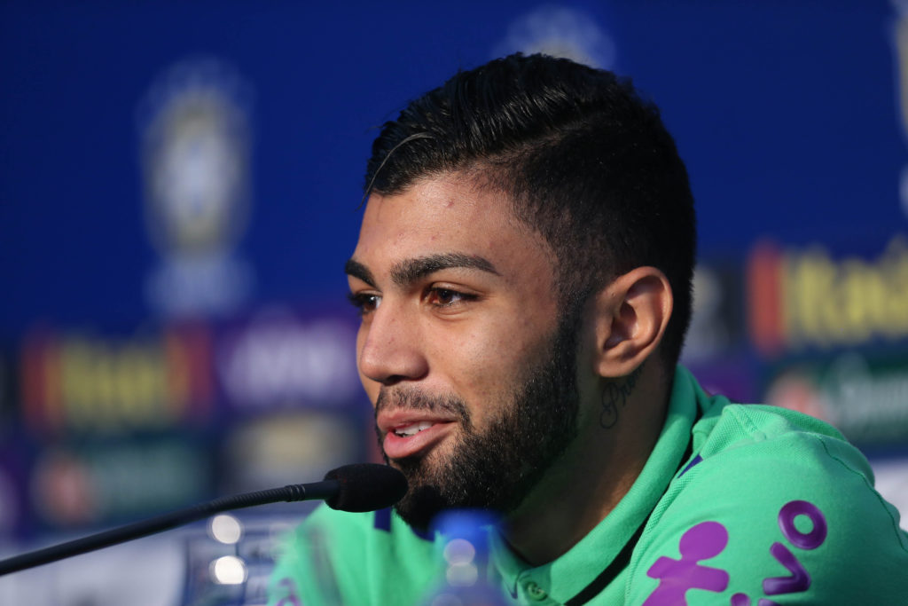 Brazil's football team player Gabriel, aka Gabigol, speaks during a press conference before a training at their hotel in Viamao, Brazil, on March 27, 2016