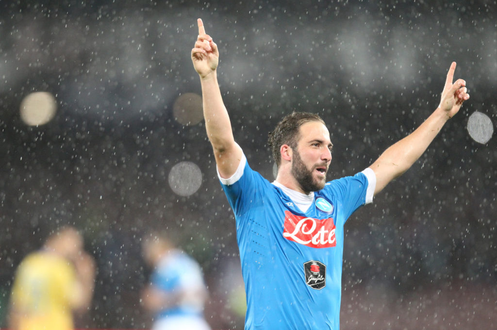 Gonzalo Higuain celebrates after scoring his 36th goal in the season