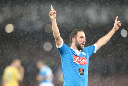 Gonzalo Higuain celebrates after scoring his 36th goal in the season
