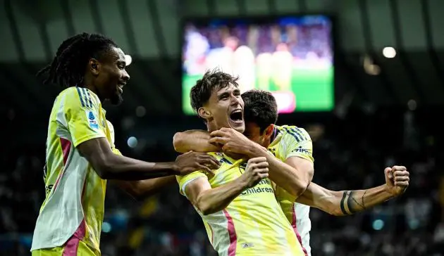 Juventus youngster Savona celebrates scoring against Udinese