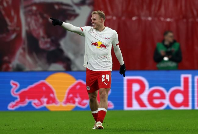 Xaver Schlager celebrates scoring a goal for RB Leipzig