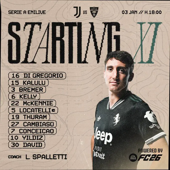 ترکیب رسمی یوونتوس مقابل لچه – دیوید کنار ییلدیز