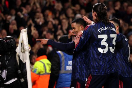 Gabriel Jesus celebrates scoring with his Arsenal teammates
