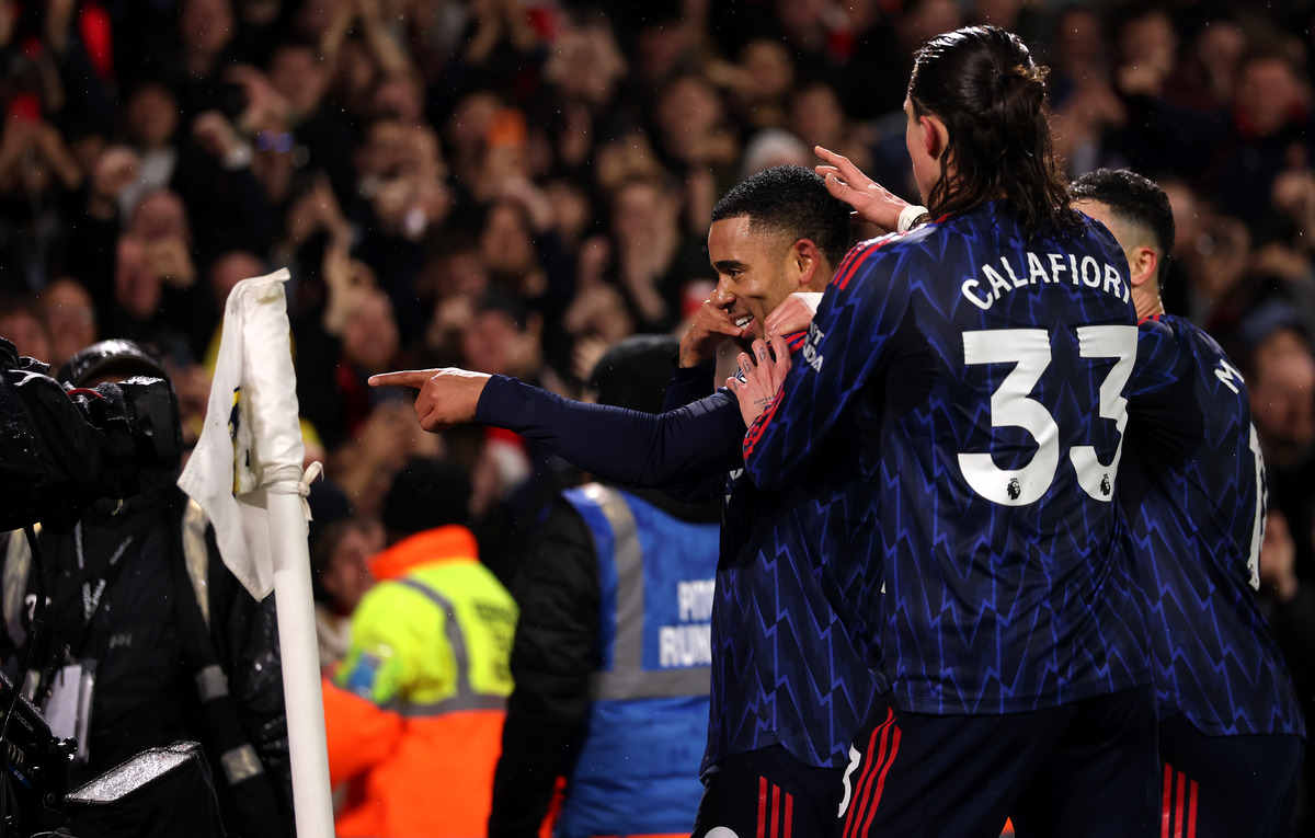Gabriel Jesus celebrates scoring with his Arsenal teammates