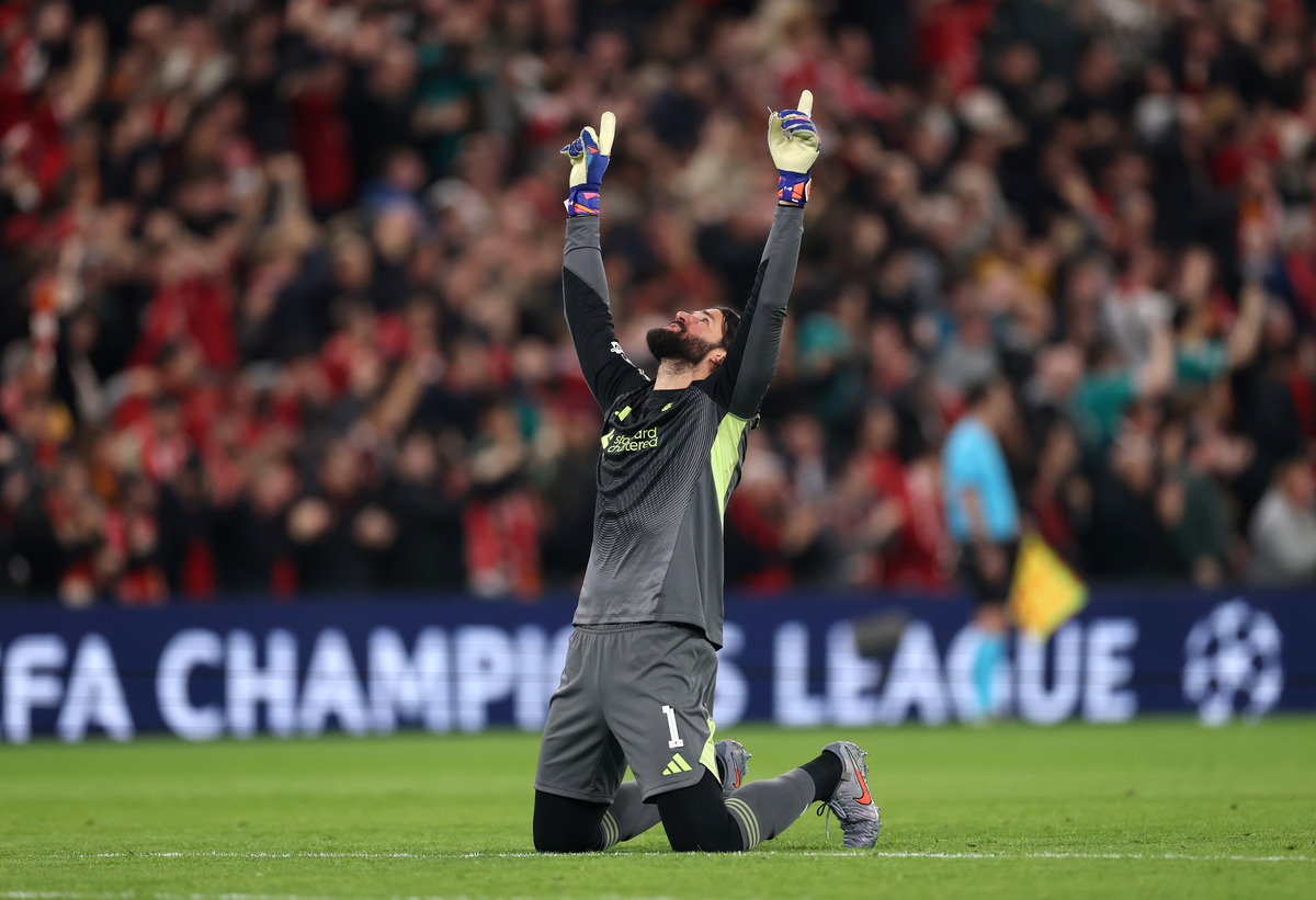 Alisson Becker celebrating Liverpool victory