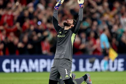 Alisson Becker celebrating Liverpool victory